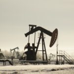 A field with oil pump jacks surrounded by greenery under sunlight